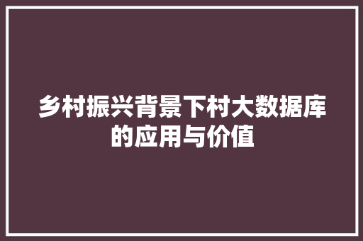 乡村振兴背景下村大数据库的应用与价值