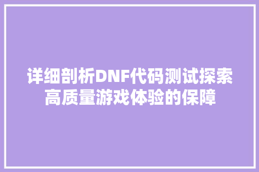 详细剖析DNF代码测试探索高质量游戏体验的保障