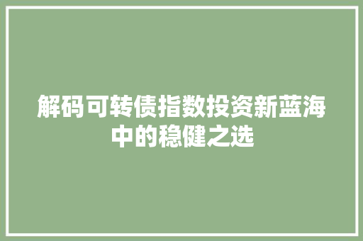 解码可转债指数投资新蓝海中的稳健之选
