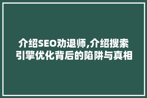 介绍SEO劝退师,介绍搜索引擎优化背后的陷阱与真相