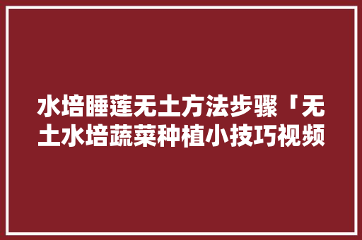 水培睡莲无土方法步骤「无土水培蔬菜种植小技巧视频」 番茄种植技巧 水培睡莲无土方法步骤「无土水培蔬菜种植小技巧视频」 水培睡莲无土方法步骤「无土水培蔬菜种植小技巧视频」 番茄种植技巧