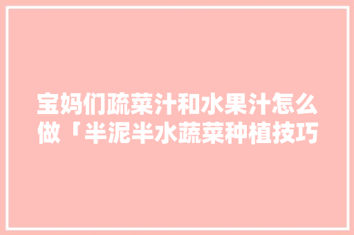 宝妈们疏菜汁和水果汁怎么做「半泥半水蔬菜种植技巧视频」